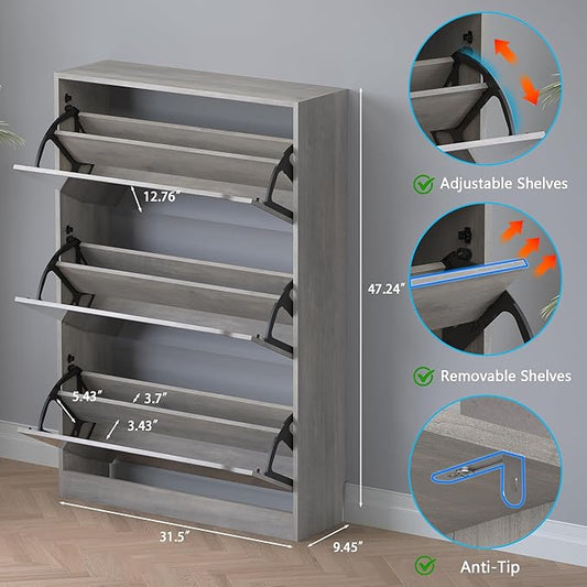 Shoe Cabinet with 3-Flip Mirror Drawers, Freestanding Shoe Rack Organizer with Hidden Handle, Slim Narrow Shoe Storage Cabinet for Entryway, Entrance, Hallway, Bedroom