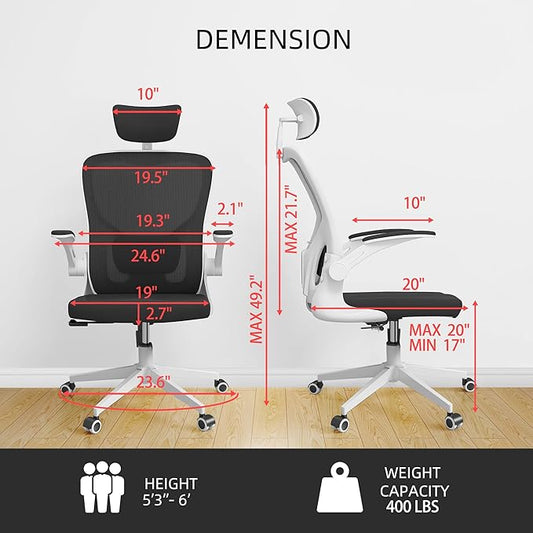 Office Chair Ergonomic Desk Chair, 350 LBS Mesh Office Chair with Lumbar Support, Comfy Desk Chair with Wheels, Big and Tall Chair for Study Work Gaming (03white-Black)