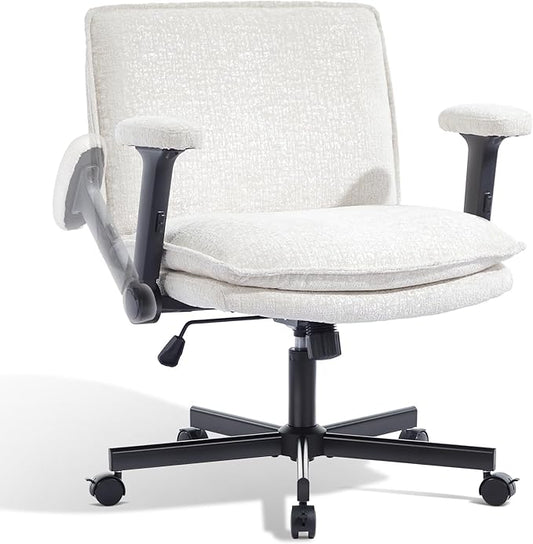Criss Cross Chair with Flip-Up Arms and Lockable Wheels, Plush Fabric Cross Legged Office Desk Chair,Wider 125°Tilting Adjustable Swivel Chai r for Home, Apartment, Bedroom,Pearl White