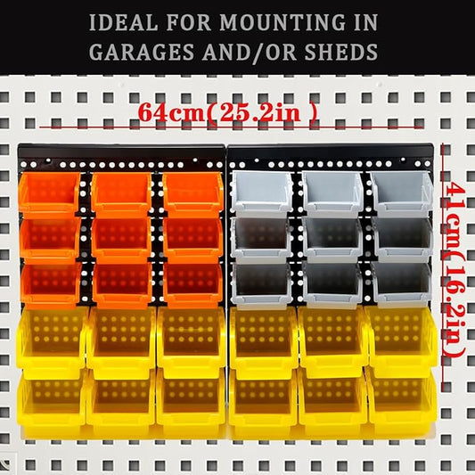 30-Bin Wall Mounted Storage Bins Kit, Tool Organizer Rack, 3 Color Parts Storage Bins, Garage Hardware Organizer, DIY Combination