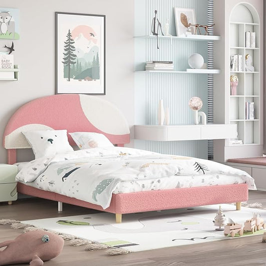Garvee Full Bed Frame with Round Boucle Headboard, Upholstered Arch-Shaped Design in Soft Pink and White, Modern Kids Bed with Wooden Slats, No Box Spring Required and Easy Assembly