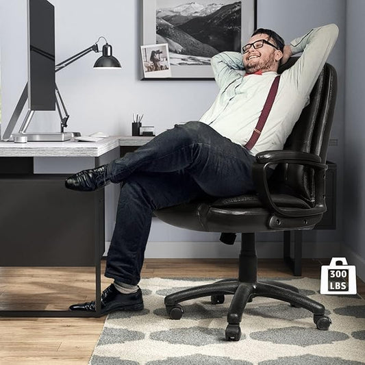 LEMBERI Office Desk Chair, Big and Tall Managerial Executive Chair, High Back Computer Chair, Ergonomic Adjustable Height PU Leather Chairs with Cushions Armrest for Long Time Sitting (Black)