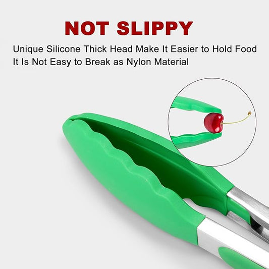 Set of 2 Kitchen Tongs, Premium Stainless Steel Locking 9-Inch & 12-Inch Silicone Grilling Barbeque Cooking Food Tong, Dark Green