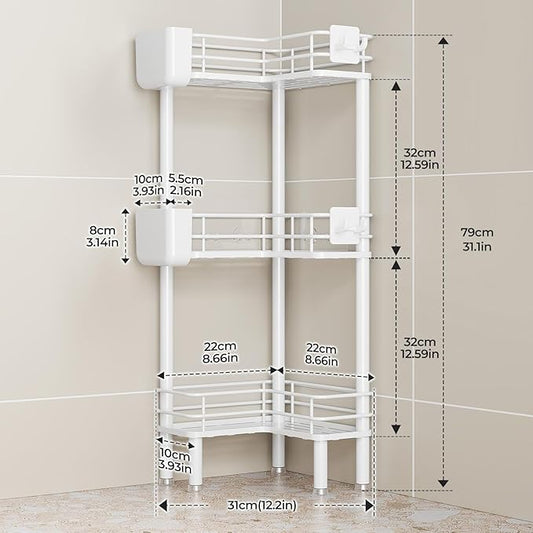 Orimade Rustproof 3 Tier Floor Standing Corner Shower Caddy Organizer with Toothbrush Holder, Large Spacing Floor Shower Shelf Rack Storage Stands with Hooks for Bathroom Kitchen, White