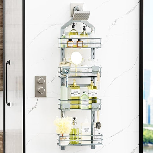 Orimade 4 Tier Adjustable Anti-slip Shower Caddy over Shower Head,Rustproof Bathroom Hanging shower Organizer with 4 Hooks for Razor,No Drilling Shower shelves Storage Rack, Light Grey