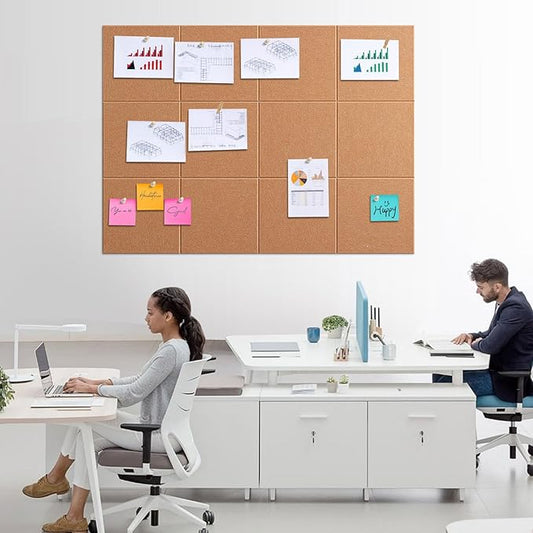 Large Bulletin Board 48" x 36" - 12 Pack Felt Wall Tiles with 60 Pcs Safe Removable Adhesive Tabs & 40 Pcs Pushpins, Cork Board for Office, School & Dart Wall Protector - Warm Beige