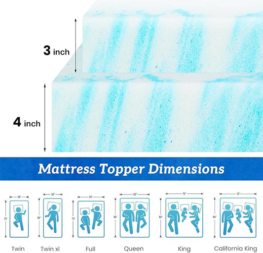 Sweetcrispy Mattress Topper Queen, 4 Inch Thick Memory Foam Gel Infused Cooling Toppers Pad for Queen Size Bed, Sleeper Sofa, RV, Camper, CertiPUR US Certified, Ventilated and Breathable, Blue