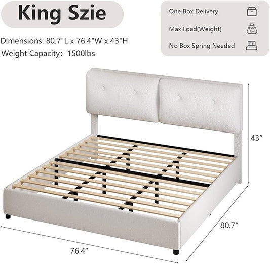 King Bed Frames,Breathable Boucle Fabric Upholstered Bed Frame with Headboard,Removable and Washable,Wood Slat Support,No Box Spring Needed,Easy Assembly,White