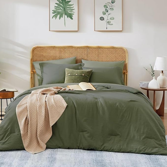 WRENSONGE Queen Comforter Set- 7 Pieces Soft Olive Green Bed in a Bag with Fitted Sheet, Flat Sheet, 2 Pillow Shams, and 2 Pillowcases- Warm Bedding Sets Queen for All Season