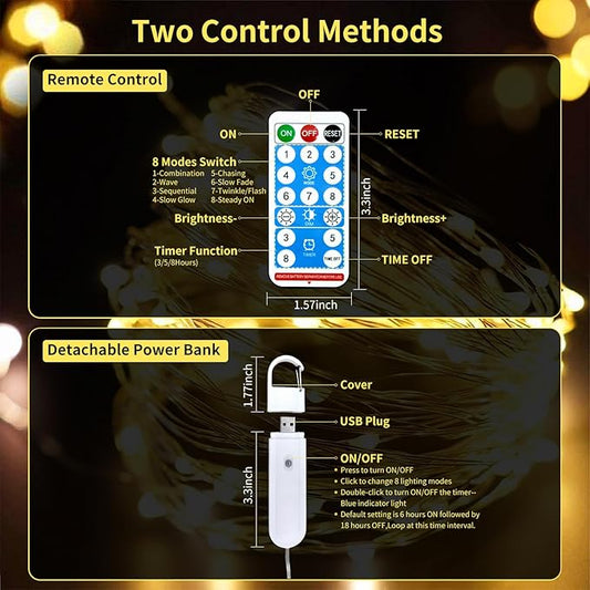 Rechargeable Fairy Lights Battery Operated, 33ft 100 LEDs String Lights with Remote, Waterproof, Mini Twinkle Lights for Bedroom, Christmas, Wedding, Indooor Outdoor Decor, Warm White