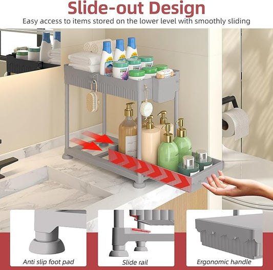 Under Sink Organizer, Bathroom Organizers and Storage, 2 Tier Multi-Use Pull Out Cabinet Organizer with Hang Hooks and Cups (Gray, 4 Pack)