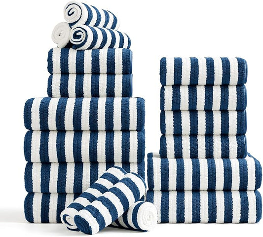 18-Piece Microfiber Bath Towels Set - 6 Bath Sheet, 6 Hand Towels, 6 Washcloths, Soft, Highly Absorbent Bathroom Towel, Quick Dry & Less Lint Shower towel for Bathroom, Hotel, Spa, Dorm-Navy Blue