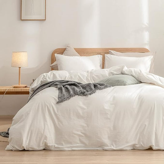 BESTOUCH Duvet Cover Set 100% Washed Cotton Linen Feel Super Soft Comfortable Chic Lightweight 3 PCs Home Bedding Set Solid Off White Super King