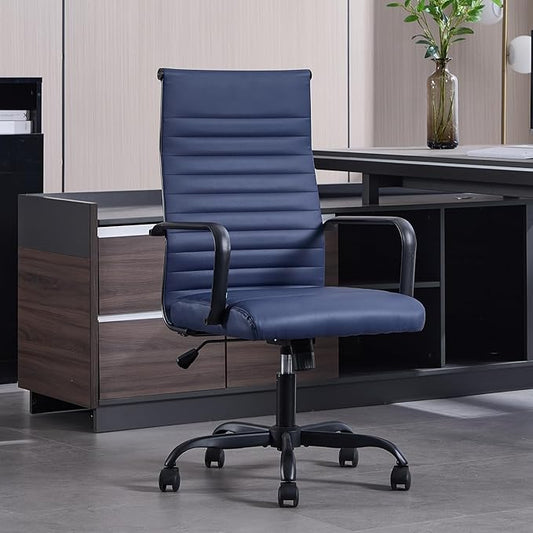 Office Chair, Ergonomic Executive Conference Room Chairs, Ribbed Leather Desk Chair with Lumbar Support, Adjustable Height Mid-Back Swivel Chair with Padded Seat
