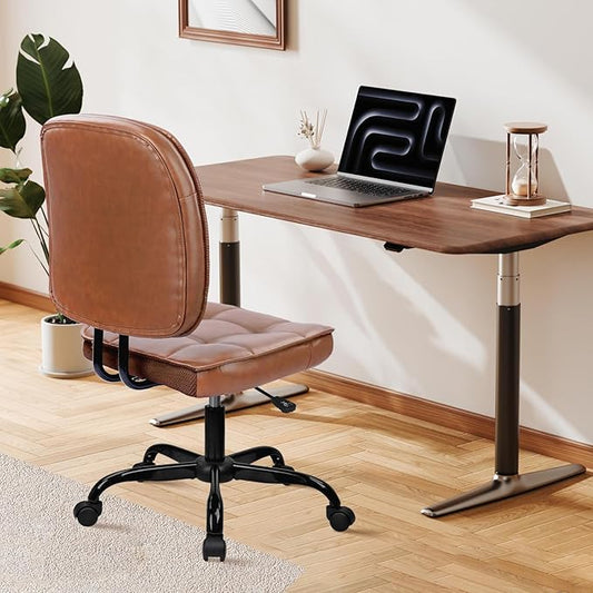 CLATINA Armless Home Office Chair with Lumbar Support and Wheels, Small PU Leather Ergonomic Low Back Desk Chairs No Arms, Adjustable Height 360° Swivel Rolling Computer Task Chair, Brown