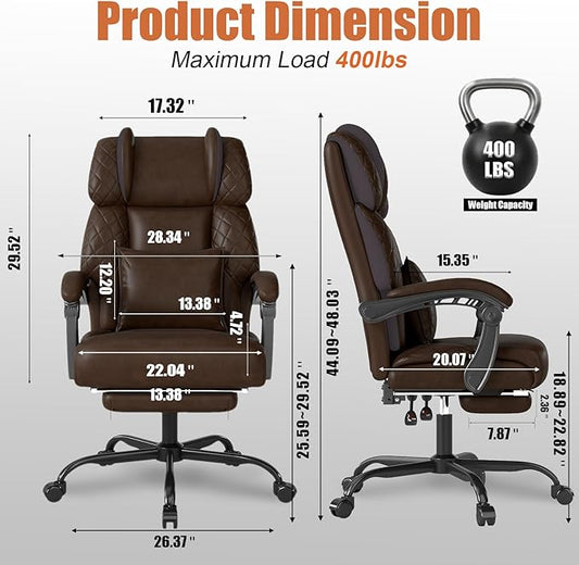 Ergonomic Office Chair with Footrest, 400lbs High Back Executive Home Office Computer Chair with Unique Ear-Shape Headrest for Neck Support,Coffee Leather Office Chairs for Home Office Work