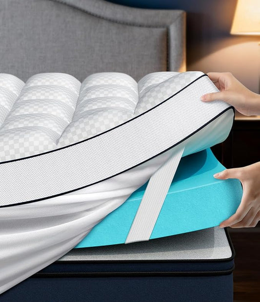 Dual Layer 4 Inch Memory Foam Mattress Topper Queen Size, 2" Cooling Gel Memory Foam & 2" Pillow Top Bed Topper, CertiPUR-US Mattress Cover for Pressure Relief, 21" Deep Pocket, White