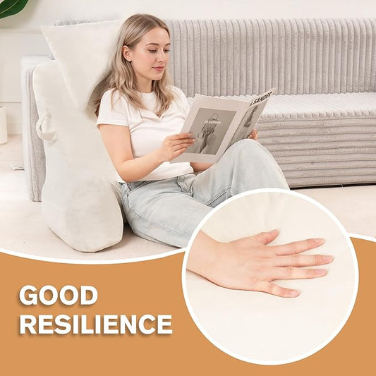 Portable Reading Pillows with Headrest for Bed Sitting Up(Beige Oeko-Tex), Velvet Back Pillow with Arms & Pockets for Adults, Support Memory Foam Bed Pillow for Dorm/Reading/Watching/Gaming