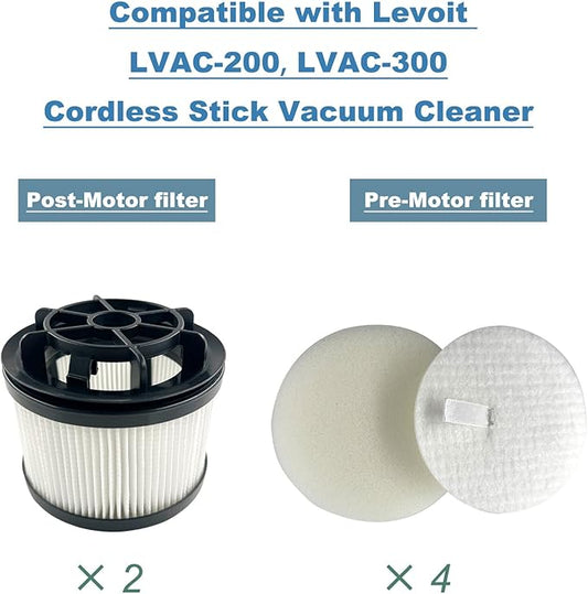 Dttery Filter Replacement for Levoit LVAC-200, LVAC-300 Cordless Stick Vacuum, LSV-V201-WUS, LSV-V202PE-BUS, 4 Pre-Motor, 2 Post-Motor Filters