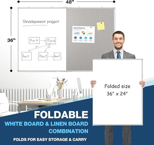 Large White Board Dry Erase Foldable Bulletin Board Combo, 48" x 36" Double Sided Dry Erase Board for Wall, Magnetic Whiteboard Bulletin Board with Linen for Office, Home, School, Kitchen -Gray