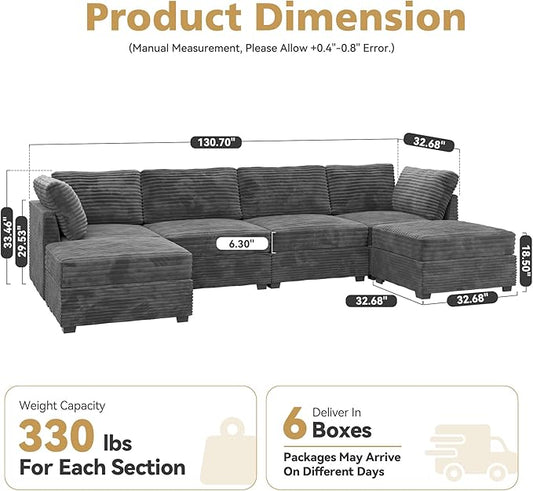 Large 6 Seat Modular Sectional Sofa with Ottoman Seat Corduroy Sleeper Sectional Sofa Bed Oversized Convertible Modular Couch for Living Room
