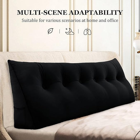 14 lbs Thickened Wedge Pillow Headboard Body Positioner Backrest Support Triangular Headboard Pillow for Sleeping with Side Pocket Velvet Black King