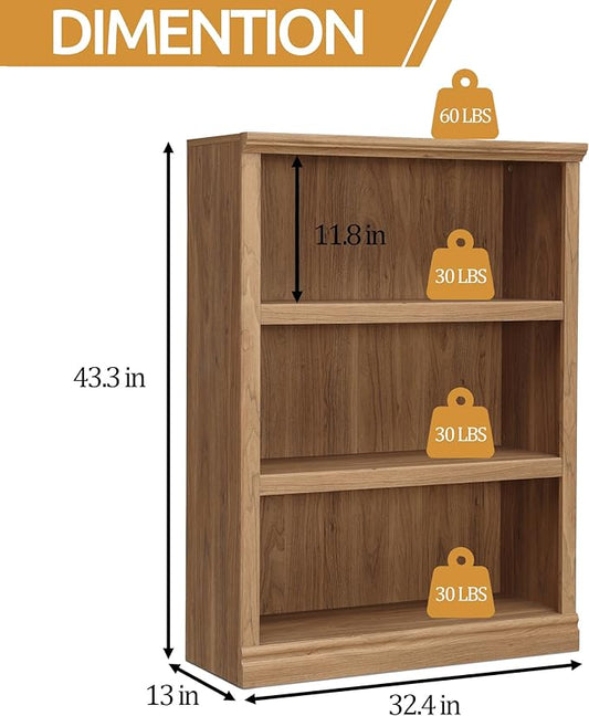 blini 3-Shelf Bookcase Wooden Bookshelves 33in Wide Floor Standing Display Storage Shelves Oak Bookcase for Home Office, Living Room, Bed Room