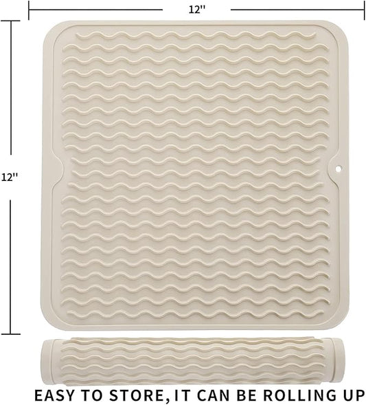 Silicone Dish Drying Mat for Multiple Usage,Easy clean,Eco-friendly,Heat-resistant Silicone Mat for Kitchen Counter or Sink,Refrigerator or Drawer liner Tapioca M 12 inches x 12 inches