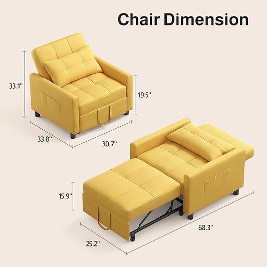 Ahomly Convertible Sleeper Chair Sofa Bed with 3-in-1 Design, Adjustable Backrest, and Storage Pocket for Living Room, Yellow