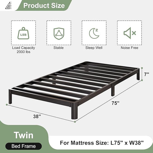7 Inch Low Twin Bed Frames with Rounded Corner Legs, 1000 LBS Heavy Duty Metal Slats Support Twin Platform Bed Frame No Box Spring Needed, Easy Assembly