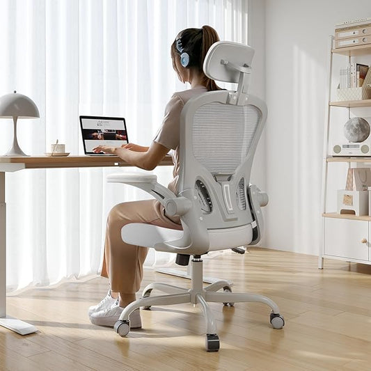 Office Chair Ergonomic Desk Chair, 330LBS Capacity, High Back Computer Chair for Long Hours Comfortable, Rolling Swivel Executive Task Chair for Home Office with Flip-up Armrests(Grey)
