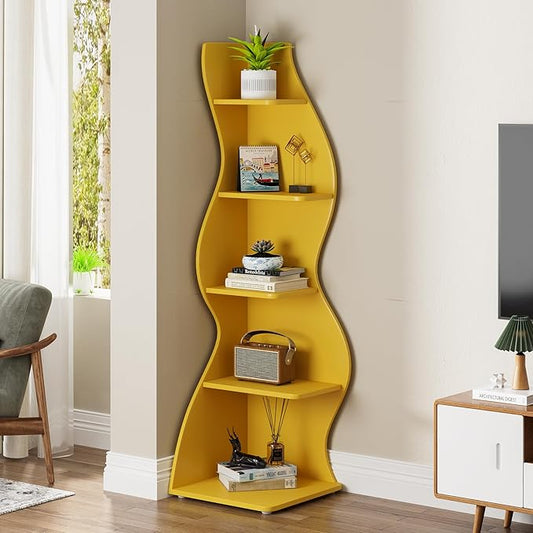 Tribesigns Corner Shelf, Modern 5-Tier Wall Corner Bookshelf, Stylish Corner Small Bookcase Storage Rack Plant Stand with Unique Shape for Living Room, Home Office (Yellow, 1PC)