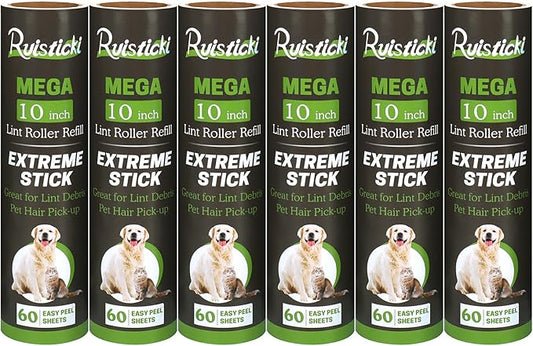 10 inch Mega All-Purpose Pet Hair Lint Roller Refills Compatible with Evercare Mega Roller 10'' Wide Ultra Sticky 60 Sheets Each Refill (Pack of 6, 360 Sheets Total)