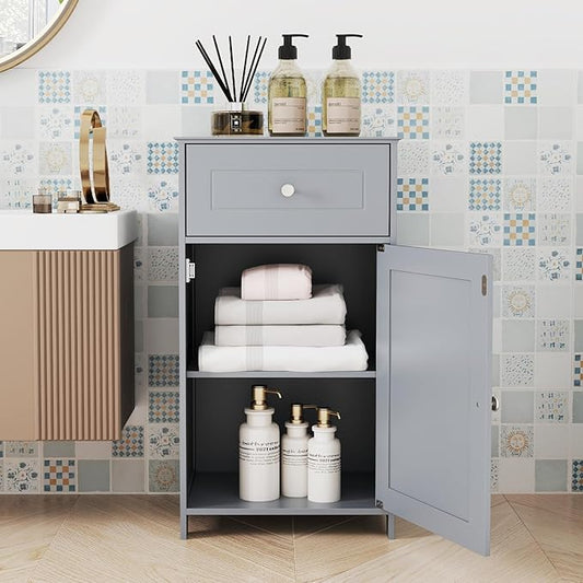 Tangkula Small Bathroom Cabinet for Small Spaces, Freestanding Single Door Storage with Adjustable Shelf, Anti-Tipping Device, Smooth Drawer, Floor Cabinet for Bathroom & Living Room (Gray)