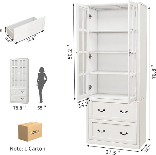 78.8" Tall Bookcase Display Storage Cabinet Hutch with Glass Doors & Drawers - Curio Display Bookshelf Kitchen Pantry for Home, Kitchen, Living Room.