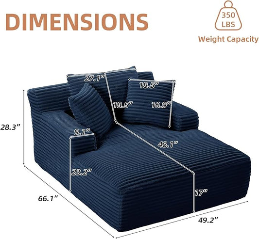 Oversized Chaise Lounge Chair Indoor Corduroy Sofa Bed with Throw Pillows Recliner Chair Comfy Large Deep Seat Sofa Couch for Living Room, Bedroom, Apartment (Blue)