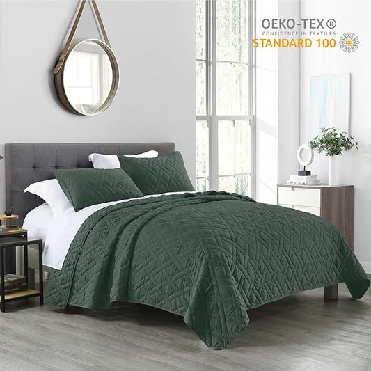 HORIMOTE HOME Quilt Set Twin Size Dark Green, Classic Geometric Diamond Stitched Pattern, Ultra Soft Microfiber Lightweight Bedding Set Bedspread Coverlet for All Season with 1 Quilt 1 Pillow Sham