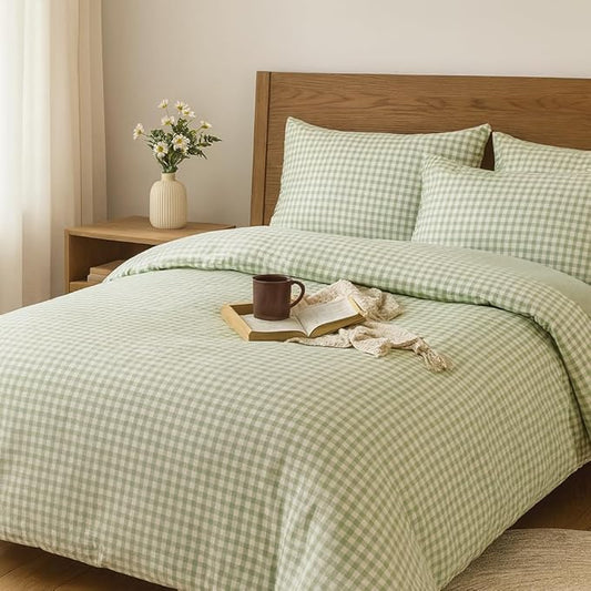 Green Plaid Duvet Cover Set Queen Size Checkered Grid Comforter Cover 100% Washed Cotton Bedding Set 3Pcs Ultra Soft Breathable Quilt Set Rustic Farmhouse Boho Cozy Bedroom Decor Gifts for Women Men