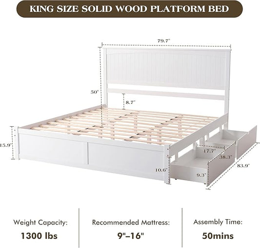 King Size Solid Wood Bed Frame with Storage, Mid-Century Modern Platform Bed with 50" Headboard & 2 Drawers, No Box Spring Needed/Quiet Support/Easy Assembly/Soft White Finish