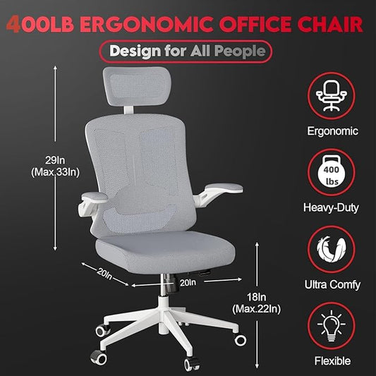 Ergonomic Office Chair - 400LB Comfy Desk Chairs with Adjustable Headrest and Lumbar Back Support, Mesh Computer Chairs with Wheels and Arms for Home Office, Study (669Gray-With Headrest)