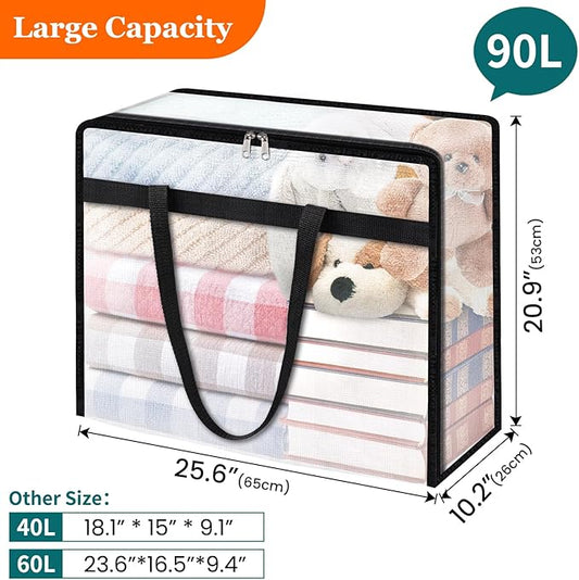 4 Pack Clear Storage Bags for Comforter, Clothes & Bedding, Plastic Blanket Storage with Zipper and Handle, Moving Bags, Closet Organizer and Under-Bed Storage (90L)