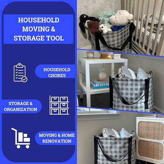 DURASACK Heavy Duty Storage Tote Bag 22-Gallon Rugged Woven Polypropylene Moving Bag, Reusable Self-Standing Design, Holds up to 500 Pounds, Pack of 4, Gingham Gray