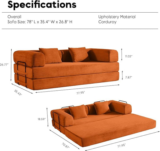 Convertible Folding Couch Bed, Comfy Corduroy Sleeper Floor Sofa Bed with Fixed-Shape Frame, Floor Sofa with Armrest, Lounge Couch for Living Room Bedroom Lounge Studio, Orange