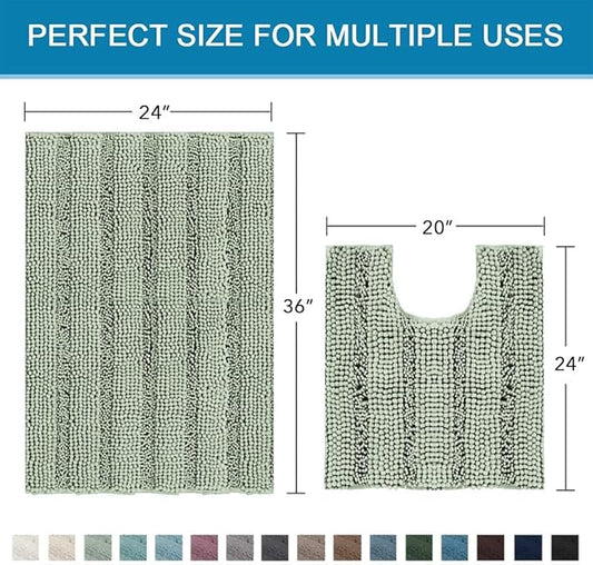 H.VERSAILTEX Bathroom Rugs Bath Rug Set 2 Piece Bathroom Contour Rug Toilet Mat Sets Non Slip Contour Bath Rug Ultra Thick Water Absorbent Striped Bath Mats Washable(36" x 24" Plus 20" x 24" U, Sage)