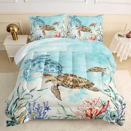 CVHOUSE Ocean Watercolor Sea Turtle Comforter Set, Queen Size, 1 Comforter, 2 Pillowcases, Polyester, for Adult, Teen, Kid, Modern Style, Unisex, Winter, Fall, Spring, Machine Wash
