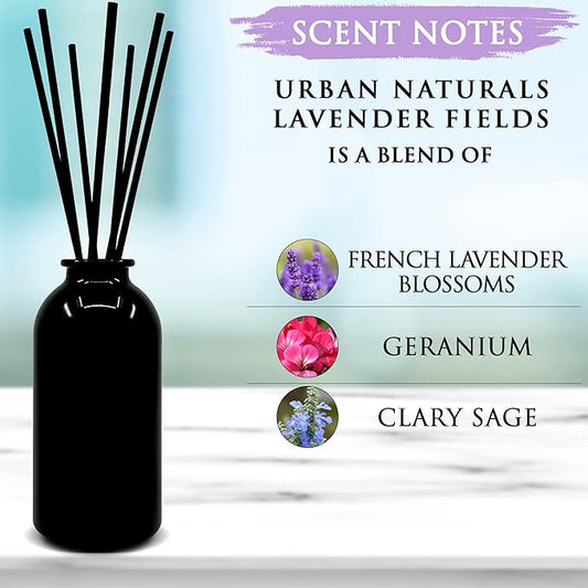Urban Naturals Lavender Fields Oil Essential Oil Reed Diffuser Set with Real Lavender Stems! French Blossoms, Geranium & Clary Sage | #1 Gift Idea for Aromatherapy & Stress Relief | Vegan | USA Made