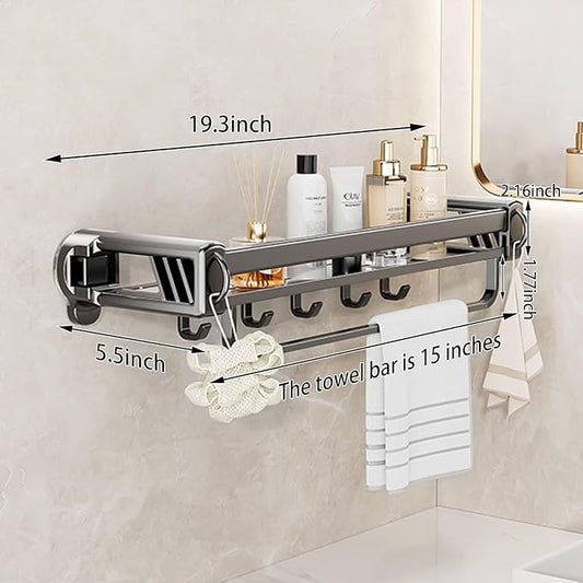 16" Shower Caddy Suction Cup, Concealed Shower Shelves Suction Cup with Hooks & Towel Bar, NO-Drilling Suction Shelf for Bathroom & Kitchen - Gray