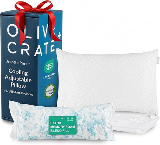 Olive + Crate BreathePure™ Adjustable Loft Shredded Memory Foam Pillow - Queen Size - Cooling Pillow, Hypoallergenic Bed Pillows, CertiPUR-US Certified Foam, Ideal for Back, Stomach and Side Sleeper