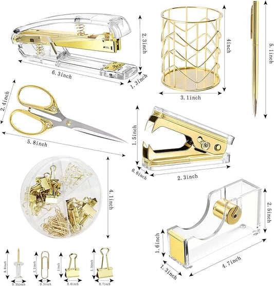 Famassi Gold Desk Accessories,Office Supplies Set Acrylic Stapler Set Staple Remover, Tape/Pen Holder, 2 Ballpoint Pen, Scissor, Binder/Paper Clips and 1000pcs Staples.