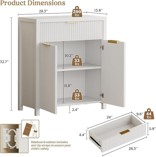 Lulive White Fluted Storage Cabinet with Drawers Buffet Sideboard Cabinet with Adjustable Shelves for Kitchen Living Room, Kitchen, Entryway